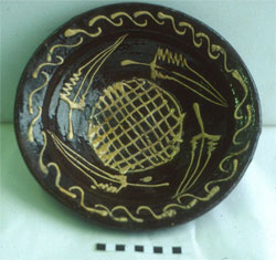 Fig 6 Slip-trailed plate in characteristic leaf design. Excavated from the kiln site at Brookhill Pottery 
