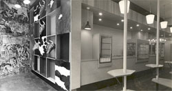 Fig 5  Interior of Moo Cow Milk Bar, Victoria Street, London, c.1952, (architect, Geoffrey Crockett). On the left the entrance area includes thrown earthenware cow heads by William Newland and tiles by Nicholas Vergette. (Photograph credit: Nicholas Vergette)