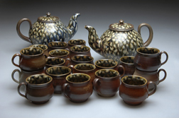 Fig 1. Linda Sikora, ‘Tea for Twenty’, porcellaneous stoneware, polychrome glaze, wood/oil/salt fire, teapot H.7in.