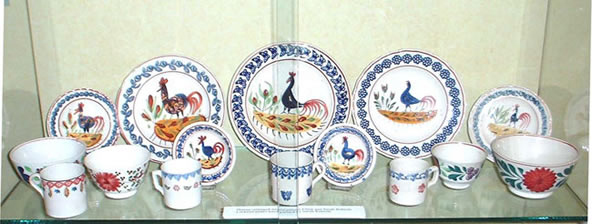 Fig 4. A range of ‘cockerel plates’ and other hand painted and sponge ware Parc Howard, Llanelli.