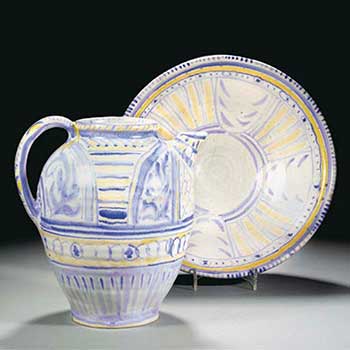 Fig 1. Ewer and basin on grey stoneware covered with white tin glaze and painted in the Bloomsbury style, probably by Vanessa Bell