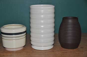 Fig 3. John Adams and Keith Murray wares. On the left is a piece of John Adams's Everest Ware