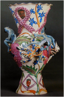 Tin-glaze monkey vase made as a memorial to all the Ardmore artists who have died of AIDS-related illnesses.